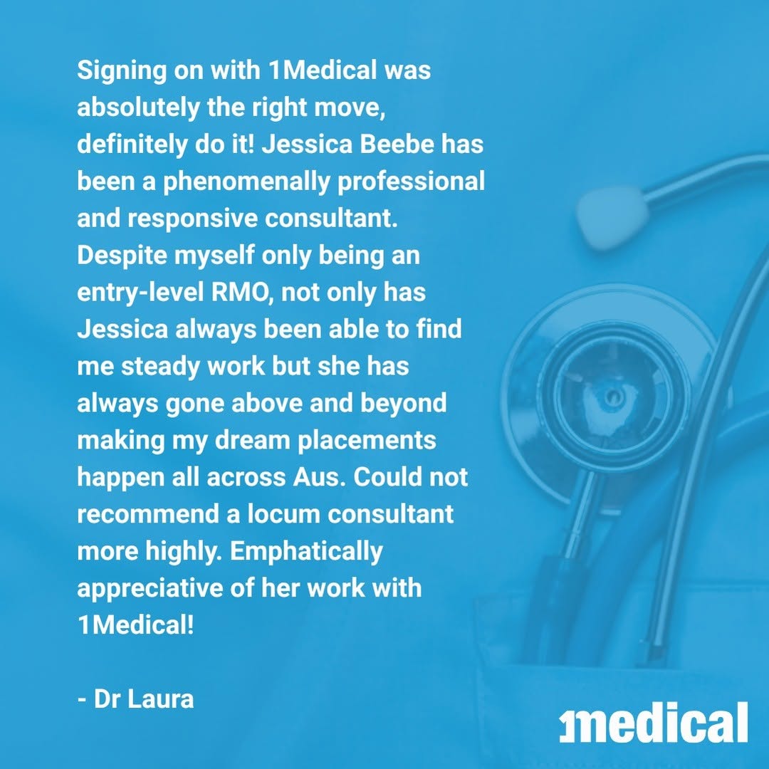 Congratulations to Jessica Beebe for a great testimonial from one of our locum doctors! “Signing on with 1Medical was ab...